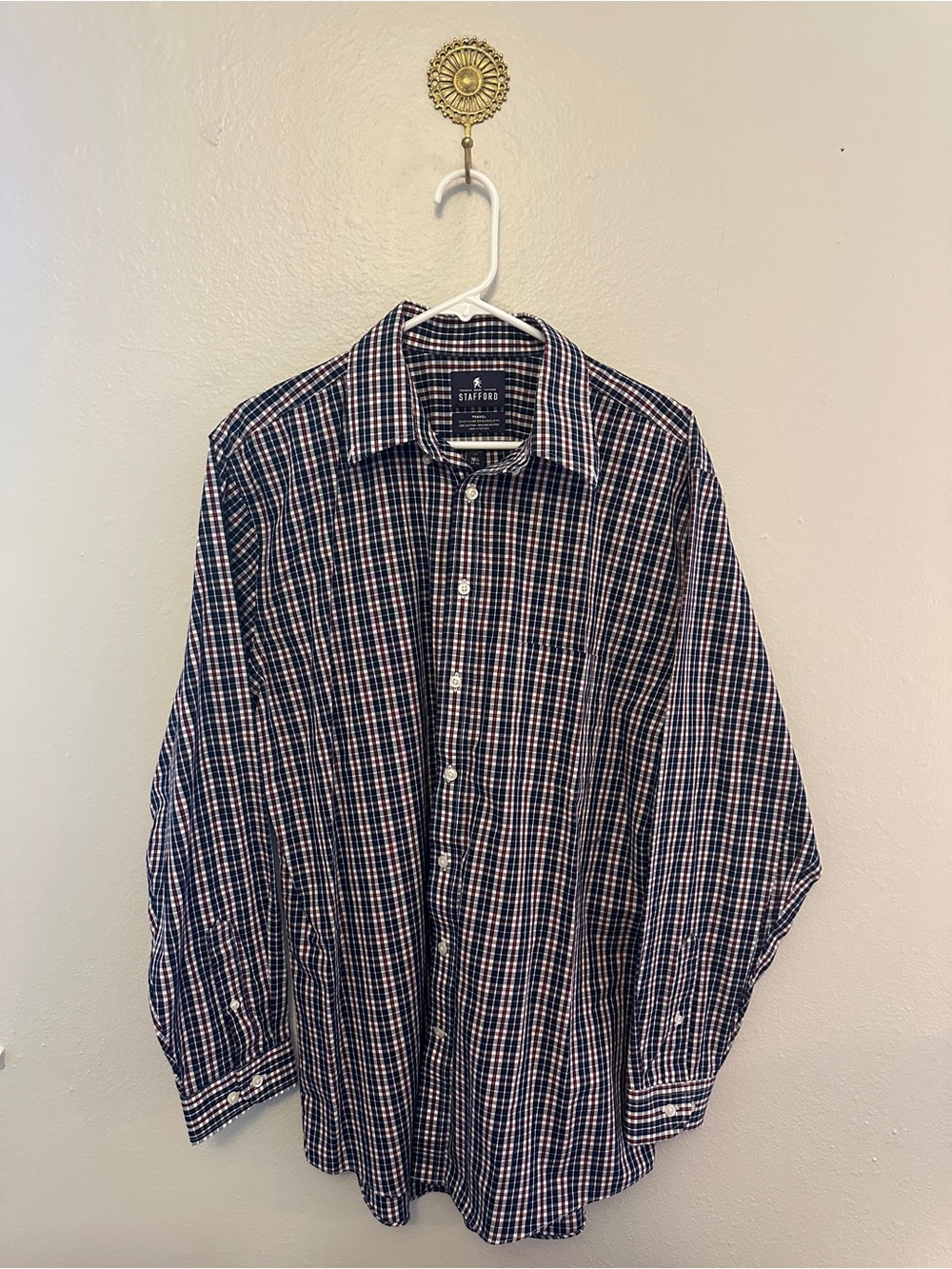 Stafford Men's Navy and Red Plaid Button-Down Shirt